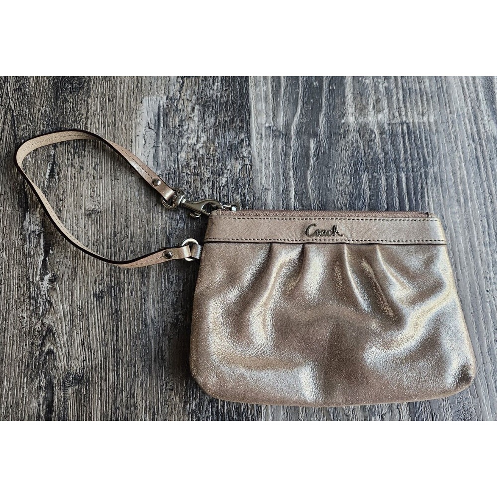 Coach Leather Pleated Metallic Brass/Gold Wristlet